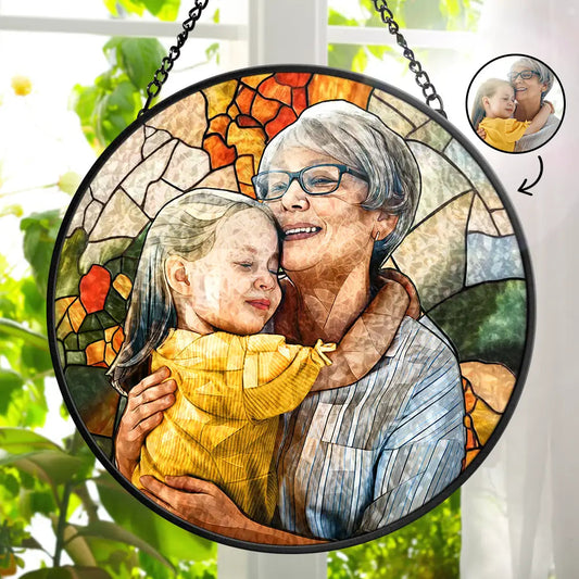 Custom Photo Portrait Mom Grandma Parents Family - Personalized Stained Glass Window Hanging Suncatcher