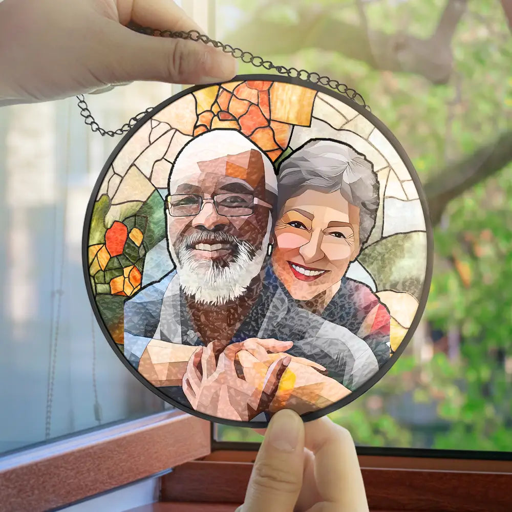 Custom Photo Portrait Mom Grandma Parents Family - Personalized Stained Glass Window Hanging Suncatcher