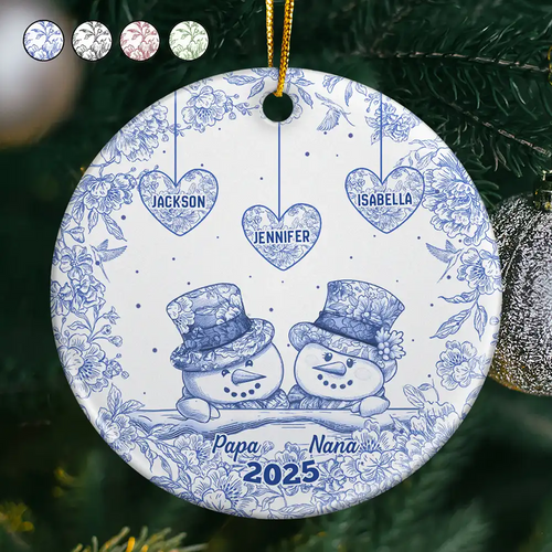 Papa Nana Snowman Christmas Grandparents Toile - Personalized Circle Acrylic Ornament
