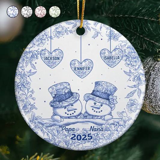 Papa Nana Snowman Christmas Grandparents Toile - Personalized Circle Acrylic Ornament
