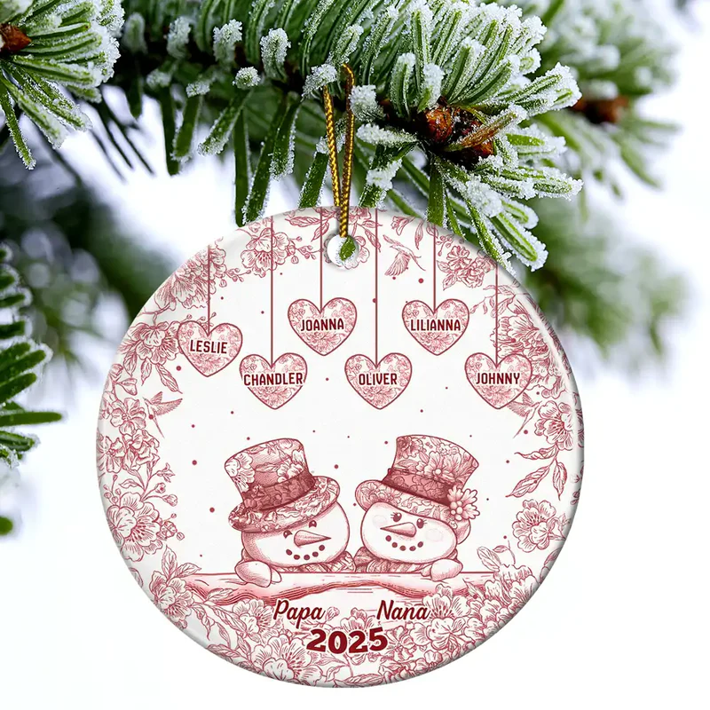 Papa Nana Snowman Christmas Grandparents Toile - Personalized Circle Acrylic Ornament