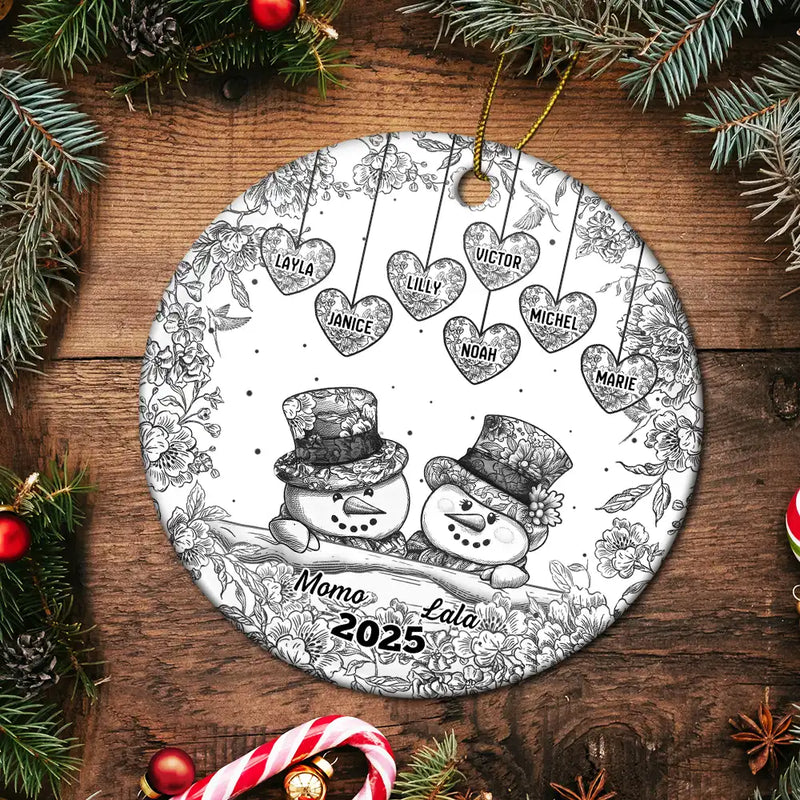 Papa Nana Snowman Christmas Grandparents Toile - Personalized Circle Acrylic Ornament