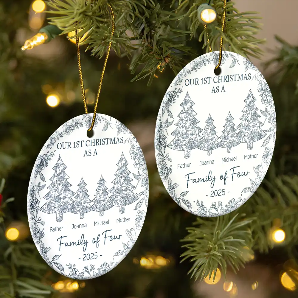 First Christmas As A Family Of Three Toile - Personalized Circle Ceramic Ornament