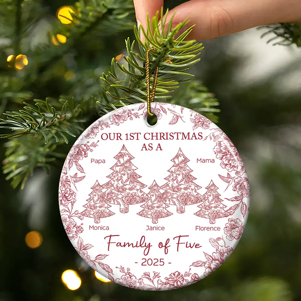 First Christmas As A Family Of Three Toile - Personalized Circle Ceramic Ornament