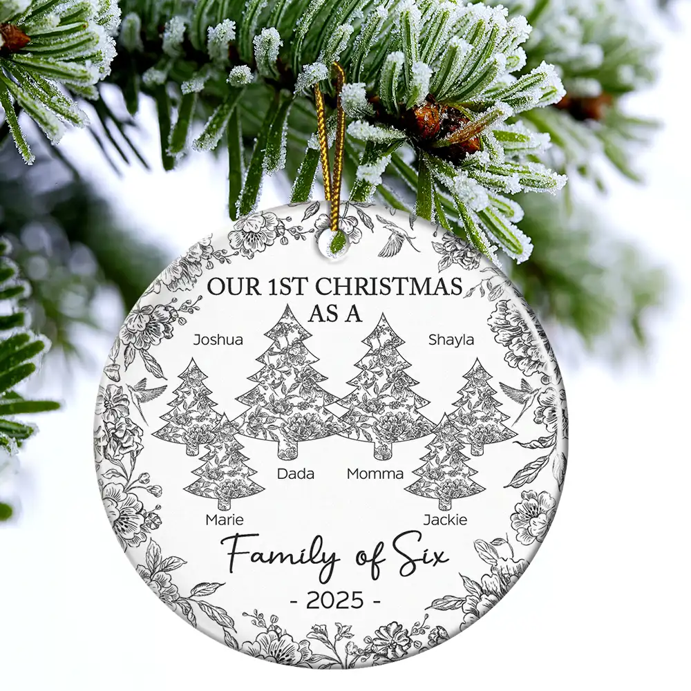 First Christmas As A Family Of Three Toile - Personalized Circle Ceramic Ornament