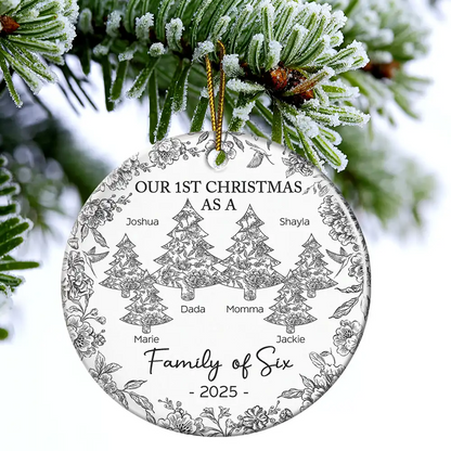 First Christmas As A Family Of Three Toile - Personalized Circle Ceramic Ornament
