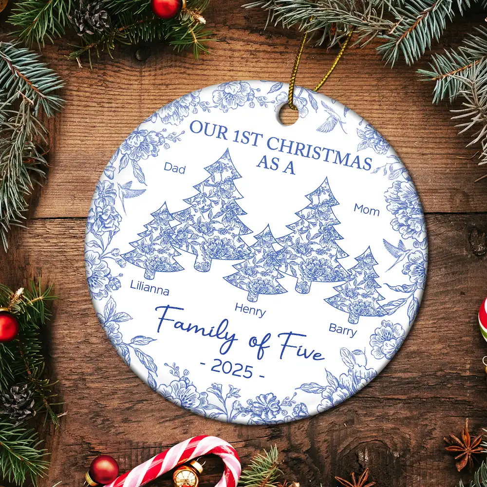 First Christmas As A Family Of Three Toile - Personalized Circle Ceramic Ornament