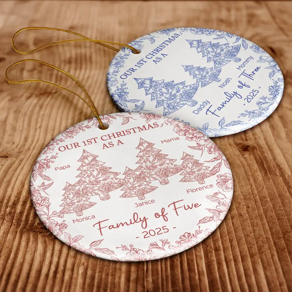 First Christmas As A Family Of Three Toile - Personalized Circle Ceramic Ornament