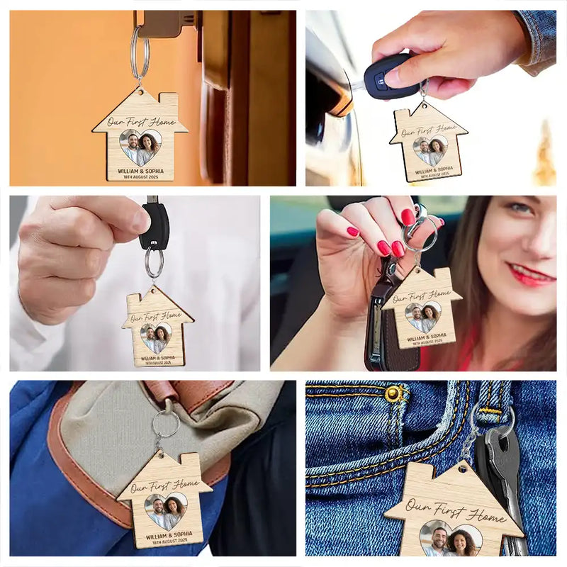 Custom Photo Our First Home Married Couple - Personalized Wooden Keychain