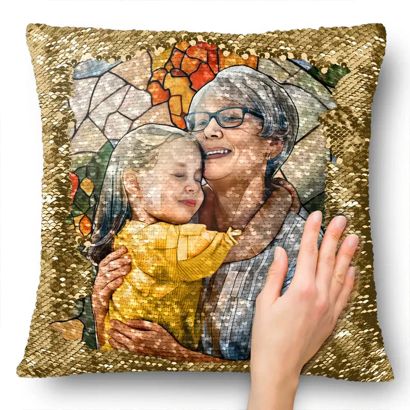 Custom Photo Glass Portrait Mom Grandma Parents Family - Personalized Sequin Pillow, Mermaid Sequin Cushion Magic Reversible Throw Pillow