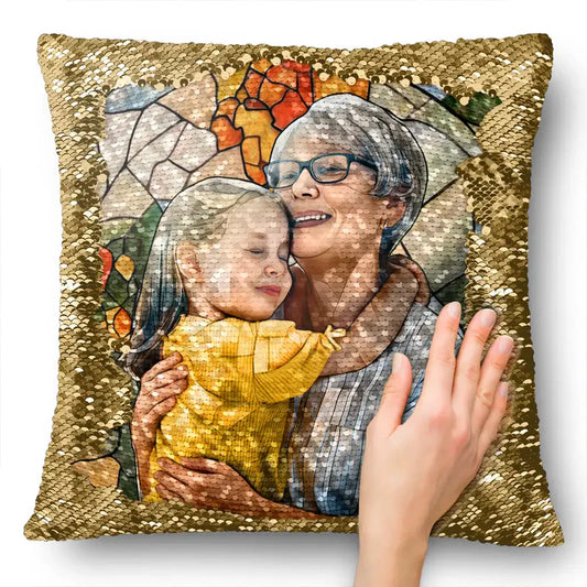 Custom Photo Glass Portrait Mom Grandma Parents Family - Personalized Sequin Pillow, Mermaid Sequin Cushion Magic Reversible Throw Pillow