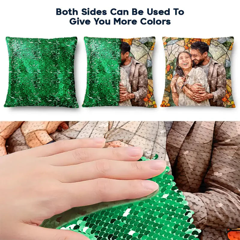 Custom Photo Glass Portrait Mom Grandma Parents Family - Personalized Sequin Pillow, Mermaid Sequin Cushion Magic Reversible Throw Pillow