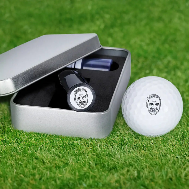 Custom Photo Outline Sketch Golfer Face - Personalized Golf Ball Stamp With Metal Storage Box