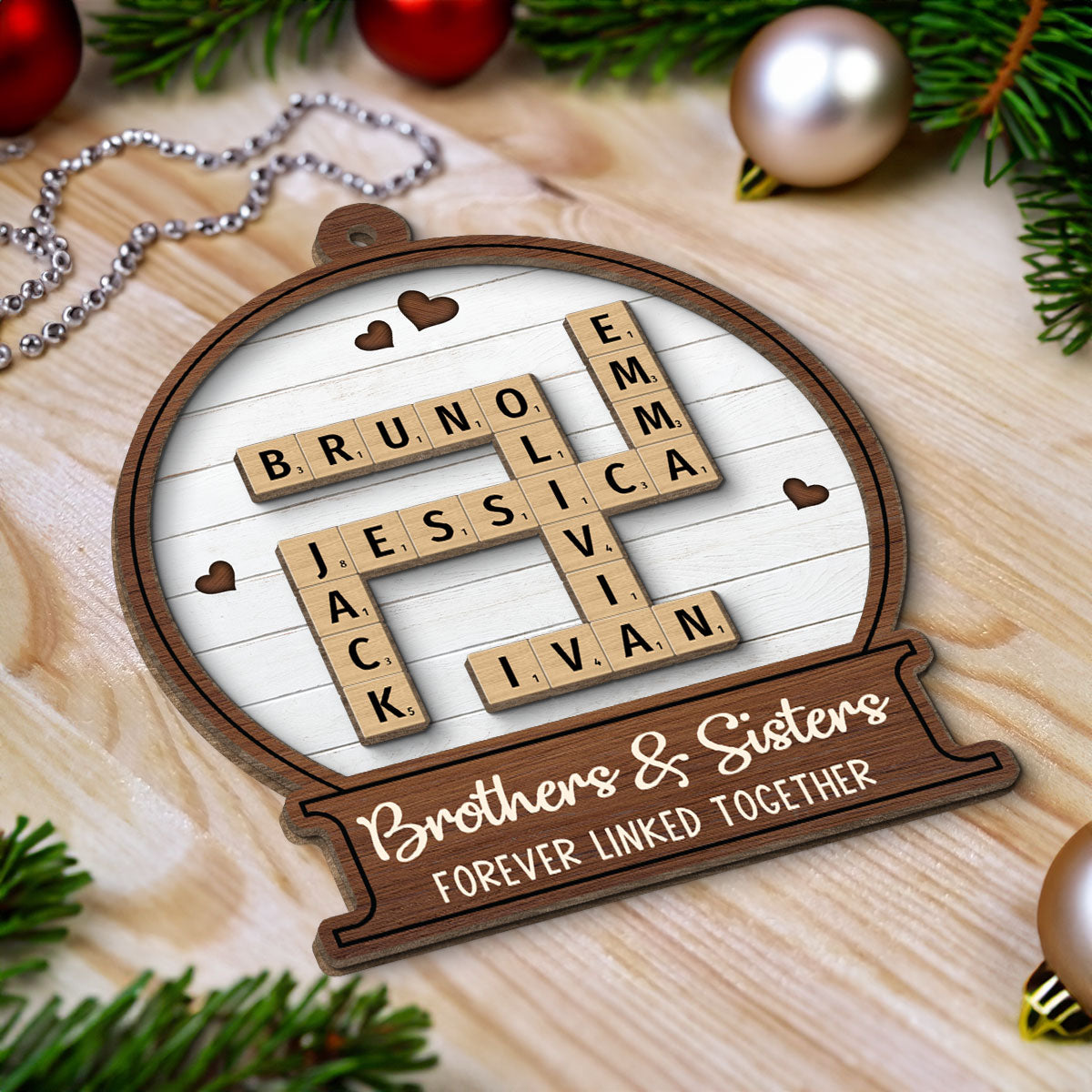 Snow Globe Brothers & Sisters Forever Linked Together Crossword Puzzle Art Personalized 2-Layer Wooden Ornament, Gift For Brothers, Sisters, Siblings, Family