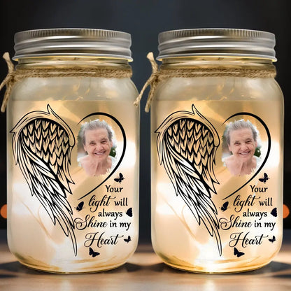 Memorial Gifts - Your Light Will Always Shine In My Heart - Personalized Mason Jar Photo Light - The Next Custom Gift  Mason Jar Light