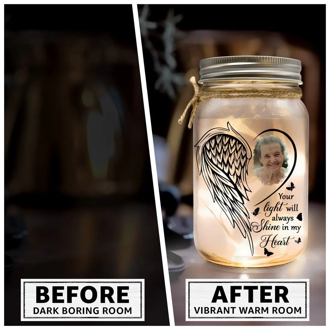 Memorial Gifts - Your Light Will Always Shine In My Heart - Personalized Mason Jar Photo Light - The Next Custom Gift  Mason Jar Light