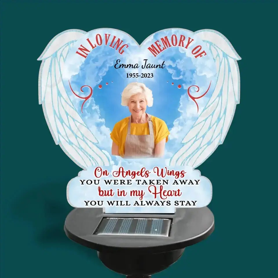 Memorial - On Angels Wings You Were Taken Away - Personalized Garden Solar Light, Plaque Stake - The Next Custom Gift  Solar Light