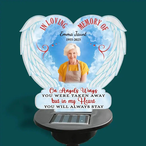 Memorial - On Angels Wings You Were Taken Away - Personalized Garden Solar Light, Plaque Stake - The Next Custom Gift  Solar Light
