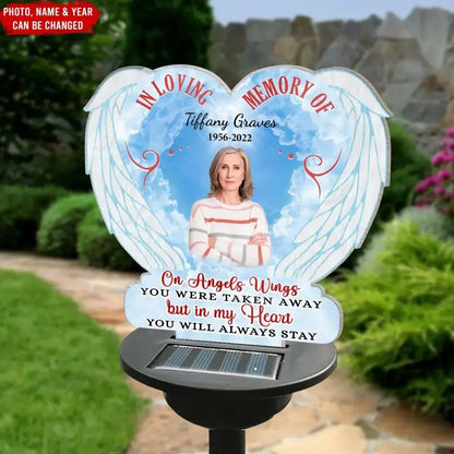 Memorial - On Angels Wings You Were Taken Away - Personalized Garden Solar Light, Plaque Stake - The Next Custom Gift  Solar Light