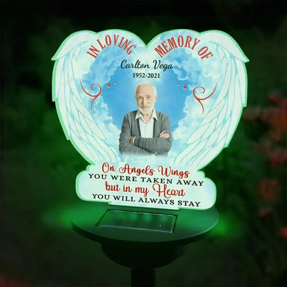 Memorial - On Angels Wings You Were Taken Away - Personalized Garden Solar Light, Plaque Stake - The Next Custom Gift  Solar Light