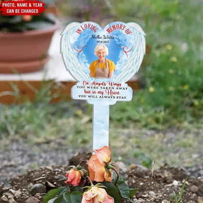 Memorial - On Angels Wings You Were Taken Away - Personalized Garden Solar Light, Plaque Stake - The Next Custom Gift  Solar Light