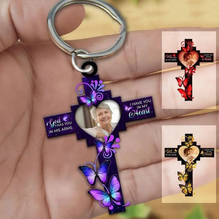 Memories - God Has You in His Arms Butterfly Cross - Personalized Acrylic Keychain Keychain The Next Custom Gift