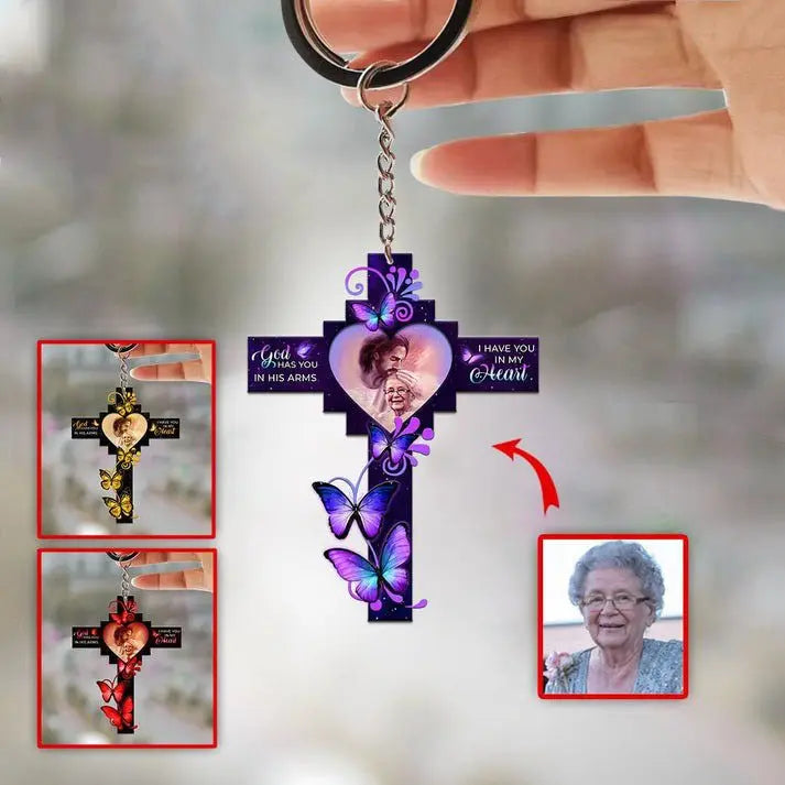 Memories - God Has You in His Arms Butterfly Cross - Personalized Acrylic Keychain Keychain The Next Custom Gift