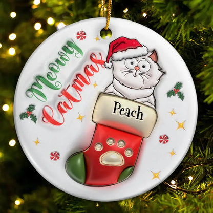 Meowy Catmas Christmas Stocking - 3D Inflated Effect Printed Ornament, Personalized Circle Ceramic Ornament ornament The Next Custom Gift