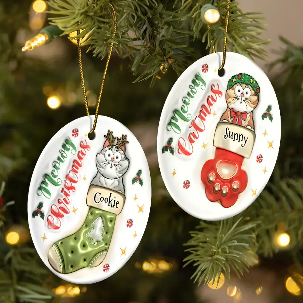 Meowy Catmas Christmas Stocking - 3D Inflated Effect Printed Ornament, Personalized Circle Ceramic Ornament ornament The Next Custom Gift