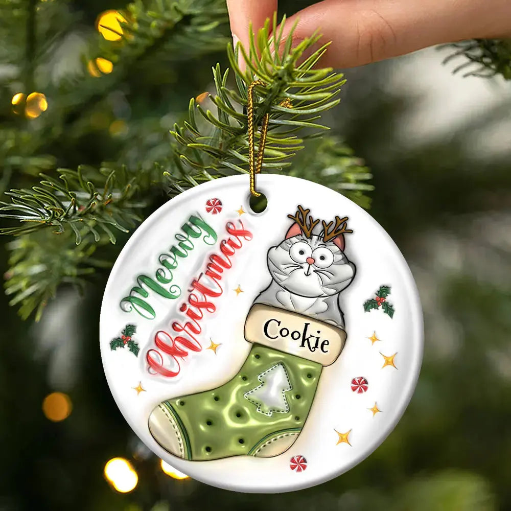 Meowy Catmas Christmas Stocking - 3D Inflated Effect Printed Ornament, Personalized Circle Ceramic Ornament ornament The Next Custom Gift