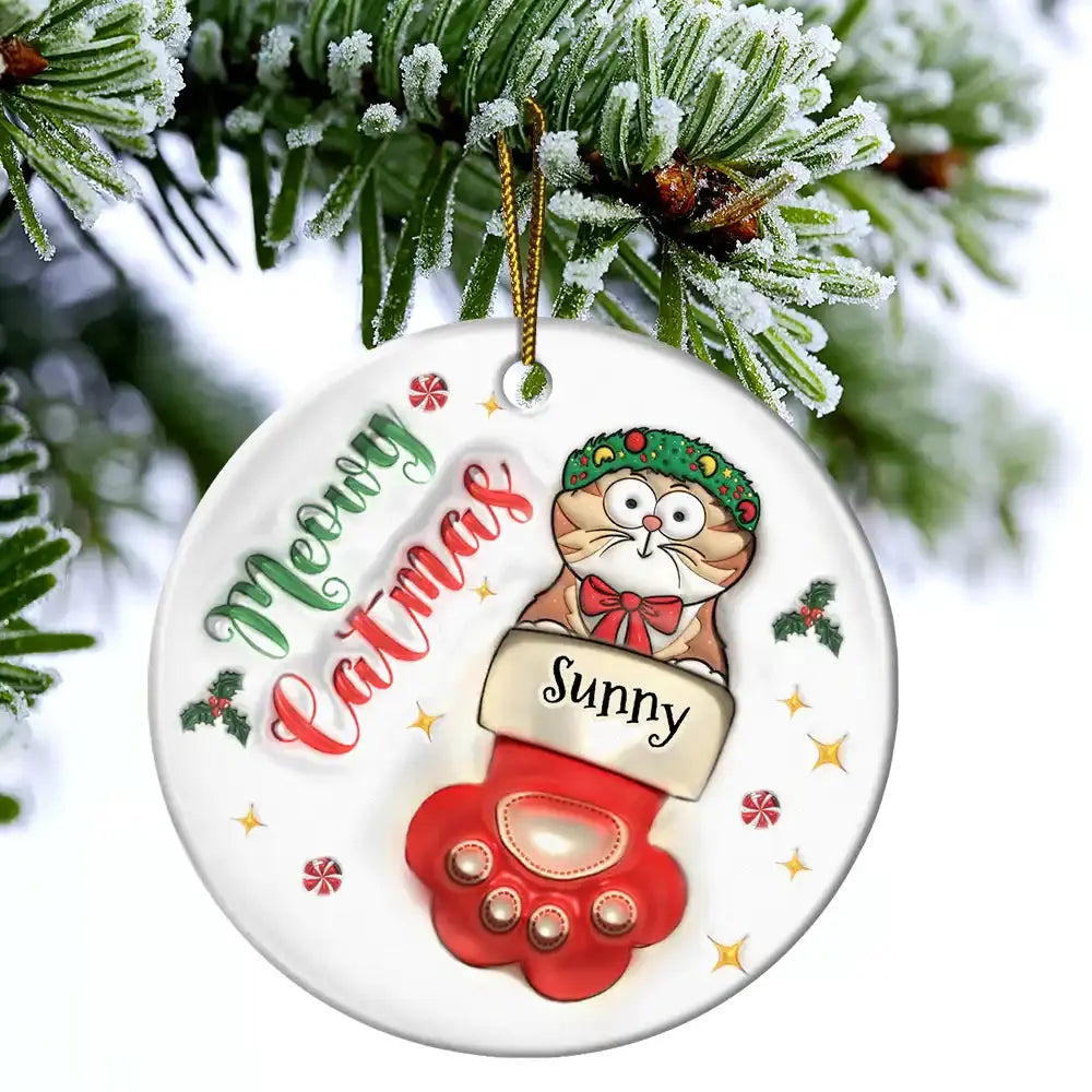 Meowy Catmas Christmas Stocking - 3D Inflated Effect Printed Ornament, Personalized Circle Ceramic Ornament ornament The Next Custom Gift