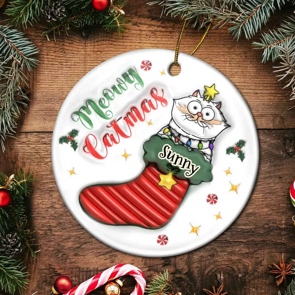 Meowy Catmas Christmas Stocking - 3D Inflated Effect Printed Ornament, Personalized Circle Ceramic Ornament ornament The Next Custom Gift