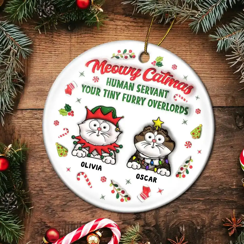 Meowy Catmas Human Servant - 3D Inflated Effect Printed Ornament, Personalized Circle Acrylic Ornament Ornament The Next Custom Gift