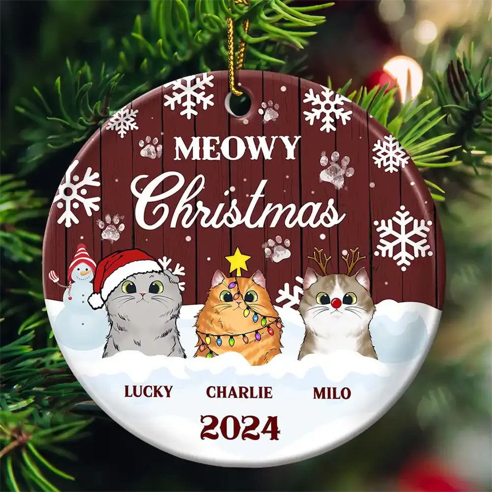 Meowy Christmas - Christmas Gift For Cat Lovers - Personalized Custom Circle Ceramic Ornament ornament The Next Custom Gift