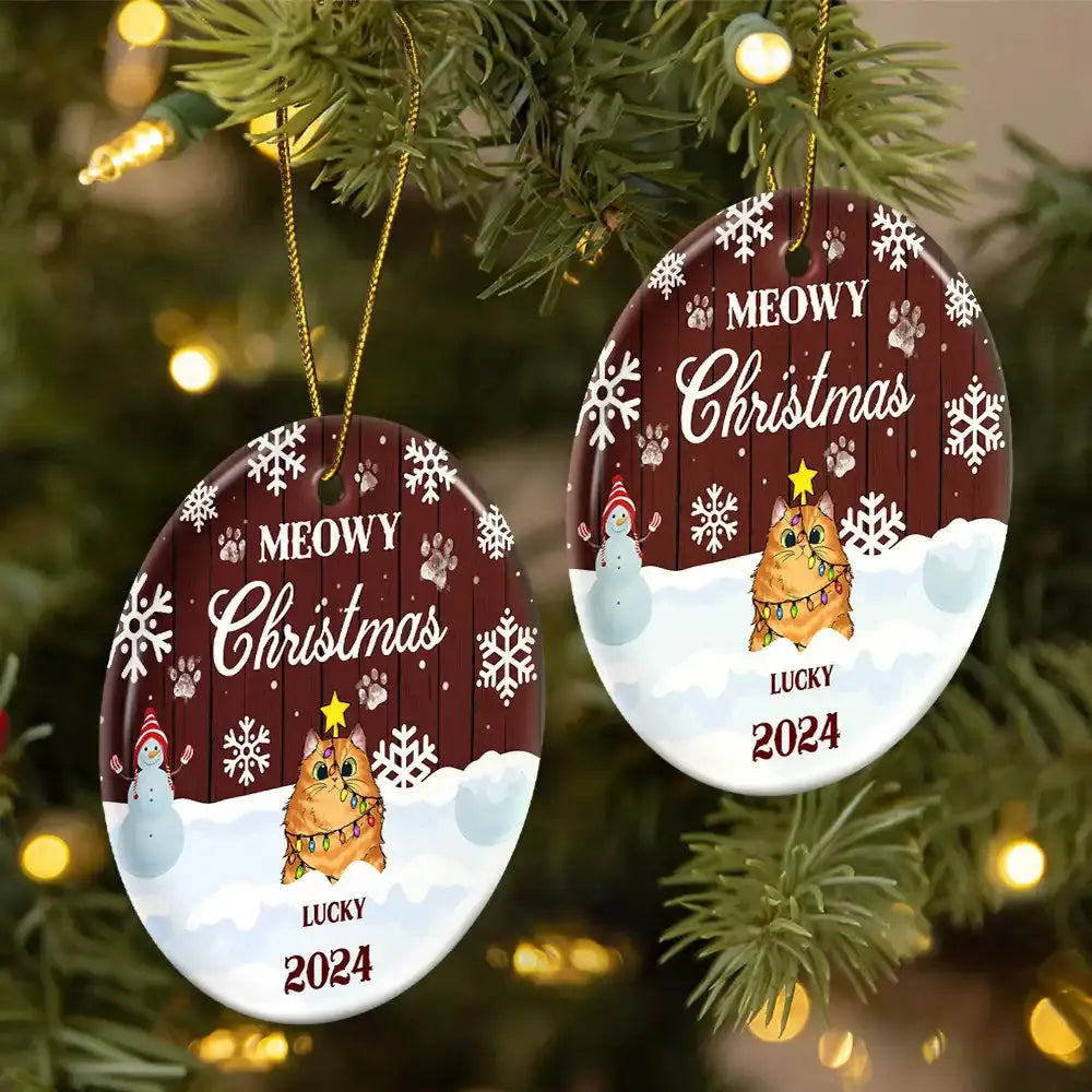 Meowy Christmas - Christmas Gift For Cat Lovers - Personalized Custom Circle Ceramic Ornament ornament The Next Custom Gift