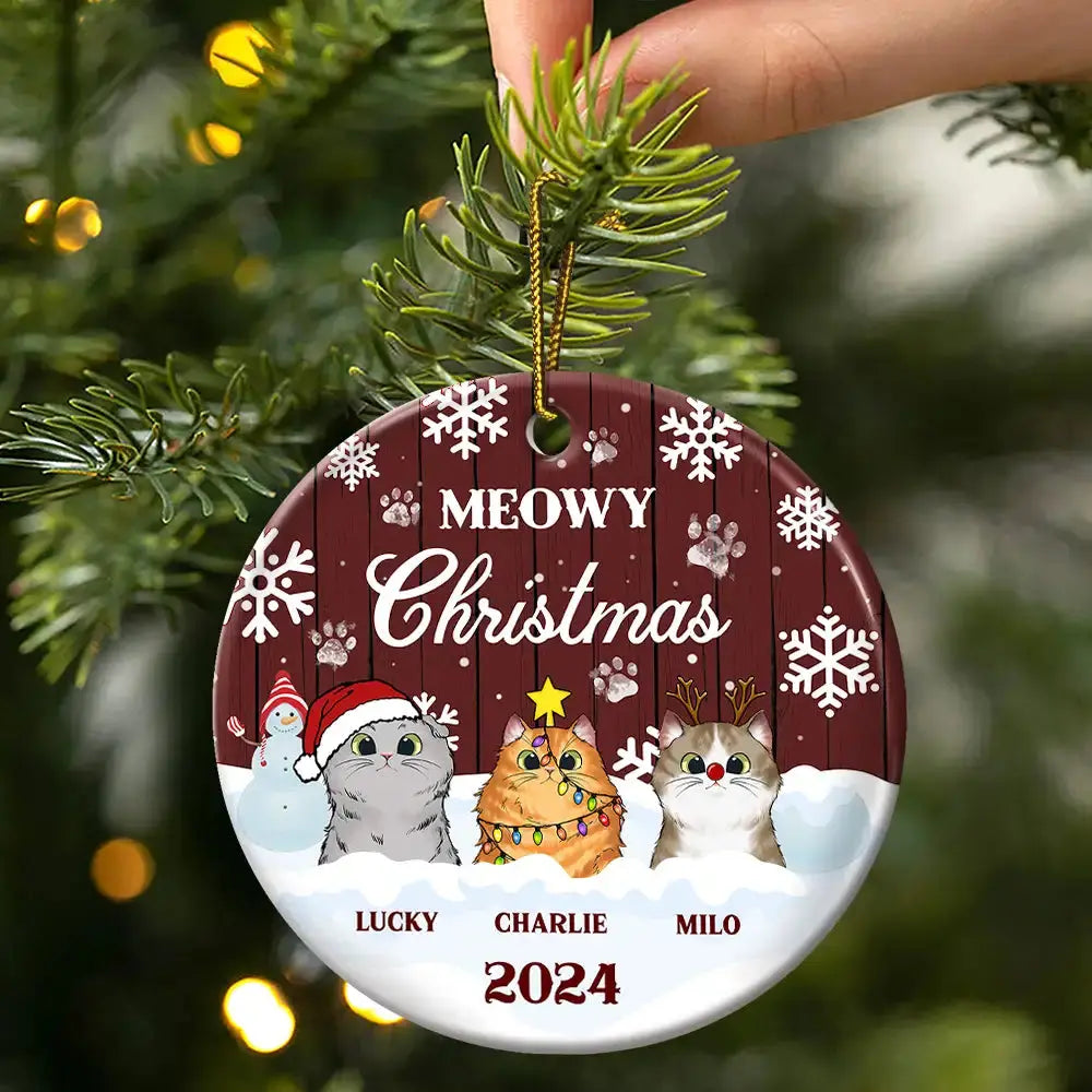 Meowy Christmas - Christmas Gift For Cat Lovers - Personalized Custom Circle Ceramic Ornament ornament The Next Custom Gift