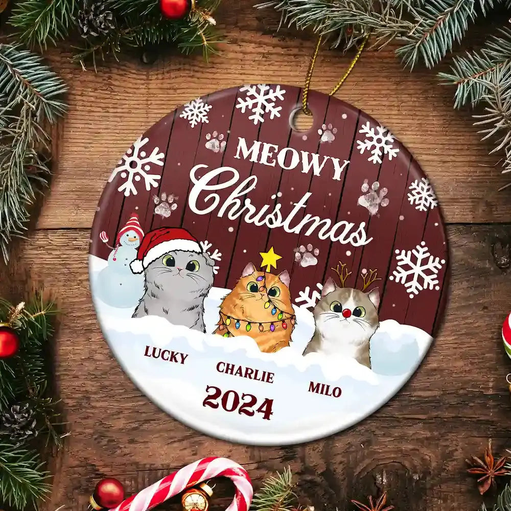 Meowy Christmas - Christmas Gift For Cat Lovers - Personalized Custom Circle Ceramic Ornament ornament The Next Custom Gift