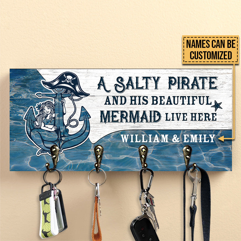 Mermaid Salty Pirate Live Here Personalized Custom Wood Key Holder