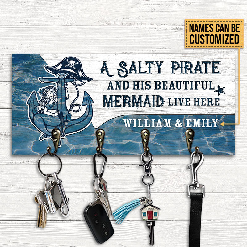 Mermaid Salty Pirate Live Here Personalized Custom Wood Key Holder