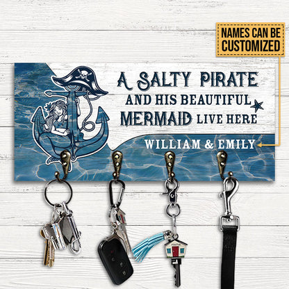 Mermaid Salty Pirate Live Here Personalized Custom Wood Key Holder