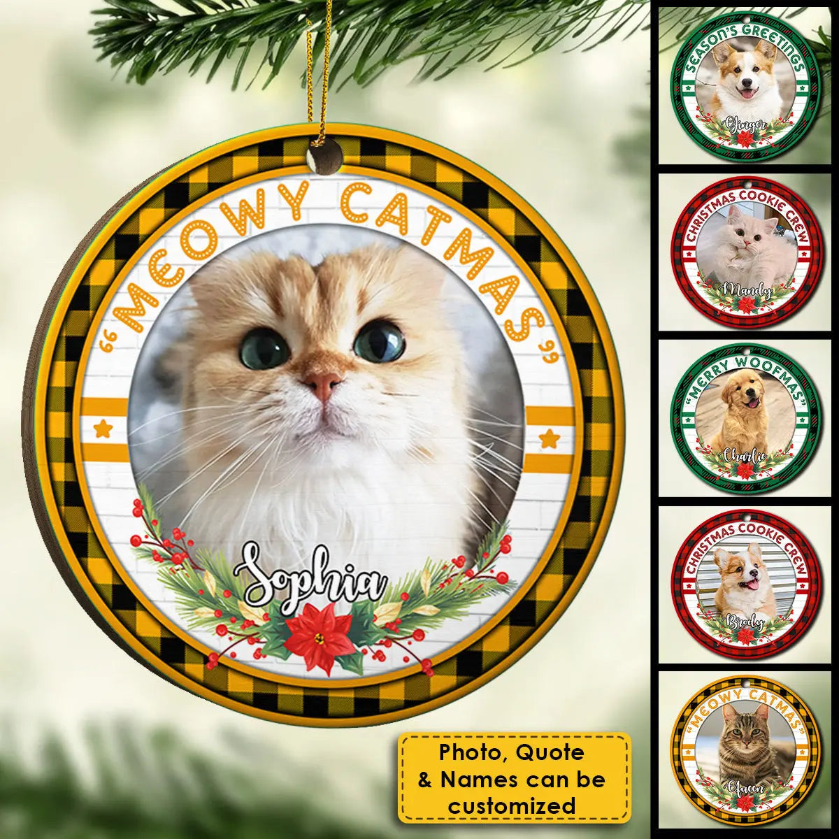 Merry Woofmas - Meowy Catmas - Upload Pet Photo - Personalized Custom Round Shaped Wood Christmas Ornament  The Next Custom Gift