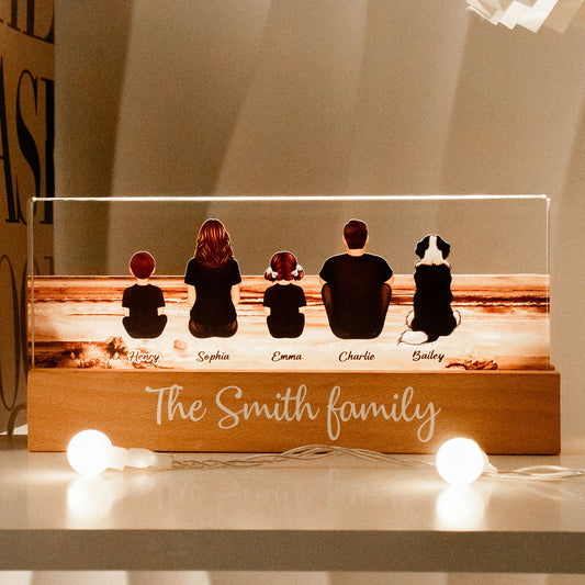 Family Sitting Back View Retro Vintage Beach Landscape Acrylic LED Night Light, Mother's Day Gift for Mom, Gift for Grandma, Gift for Wife