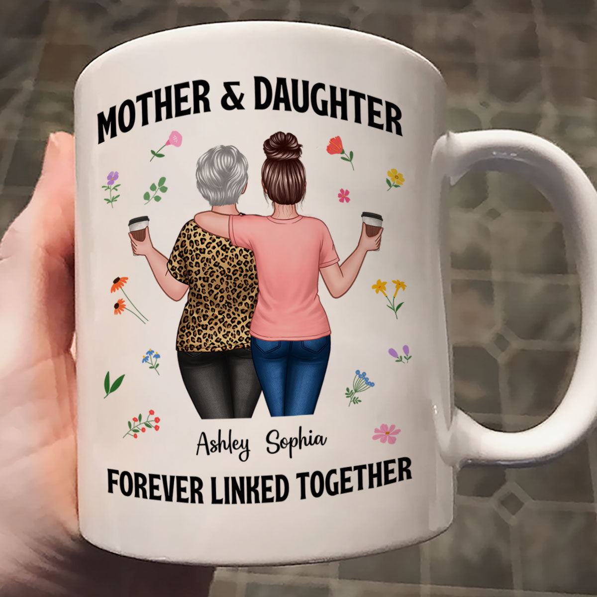 Back View Mom And Daughters Walking Mother & Daughter Forever Linked Together Personalized Mug