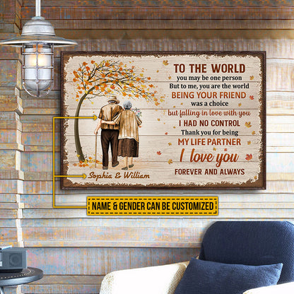 Family Pride Husband Wife Old Couple You Are The World Fall Leaves Horizontal Custom Poster, Couple Gift, Anniversary Gift, Memorial Gift, Wall Art, Grandparents Day Gifts