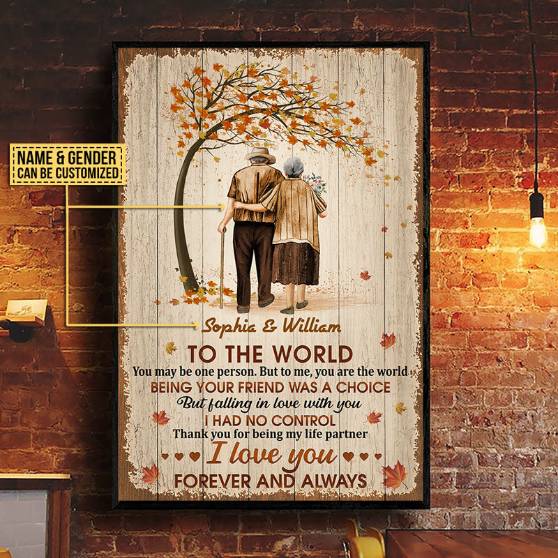 Family Pride Husband Wife Old Couple You Are The World Fall Leaves Custom Poster, Couple Gift, Anniversary Gift, Memorial Gift, Wall Art, Grandparents Day Gifts