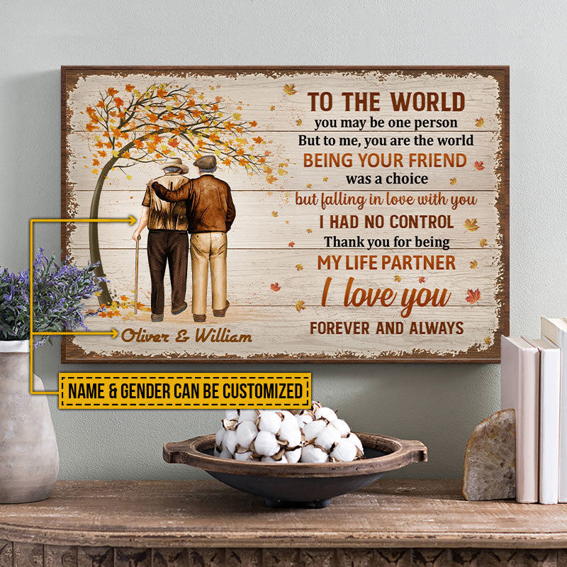 Family Pride Husband Wife Old Couple You Are The World Fall Leaves Horizontal Custom Poster, Couple Gift, Anniversary Gift, Memorial Gift, Wall Art, Grandparents Day Gifts