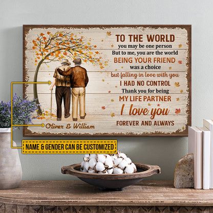 Family Pride Husband Wife Old Couple You Are The World Fall Leaves Horizontal Custom Poster, Couple Gift, Anniversary Gift, Memorial Gift, Wall Art, Grandparents Day Gifts