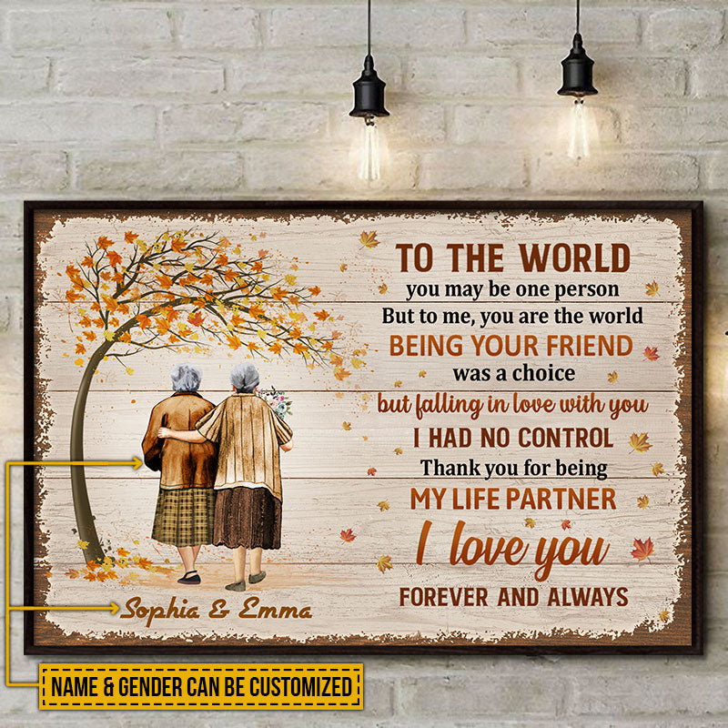 Family Pride Husband Wife Old Couple You Are The World Fall Leaves Horizontal Custom Poster, Couple Gift, Anniversary Gift, Memorial Gift, Wall Art, Grandparents Day Gifts