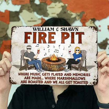 Fire Pit Where Music Gets Played Husband Wife Camping Couple - Backyard Sign - Personalized Custom Classic Metal Signs