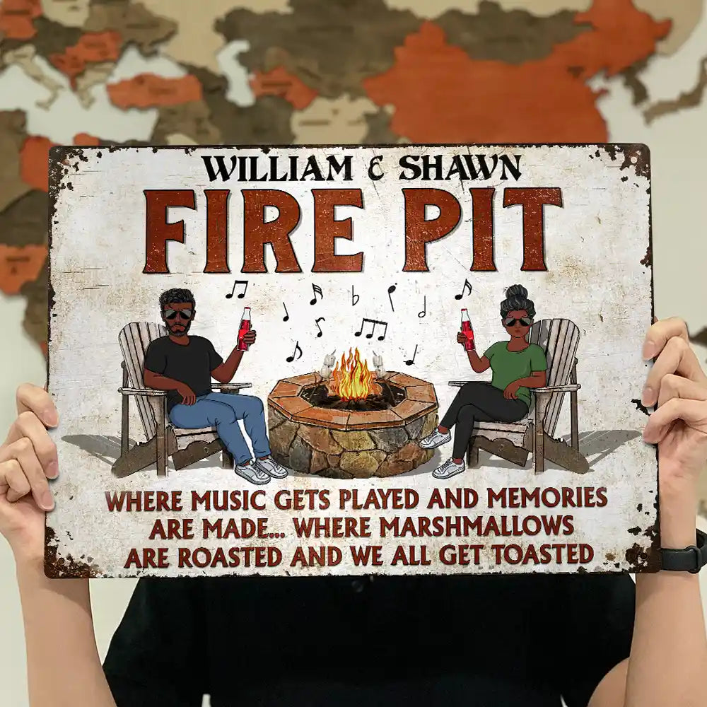 Fire Pit Where Music Gets Played Husband Wife Camping Couple - Backyard Sign - Personalized Custom Classic Metal Signs